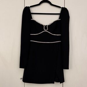 Self-Portrait Black Long-Sleeve Mini Dress with Rhinestone Trim